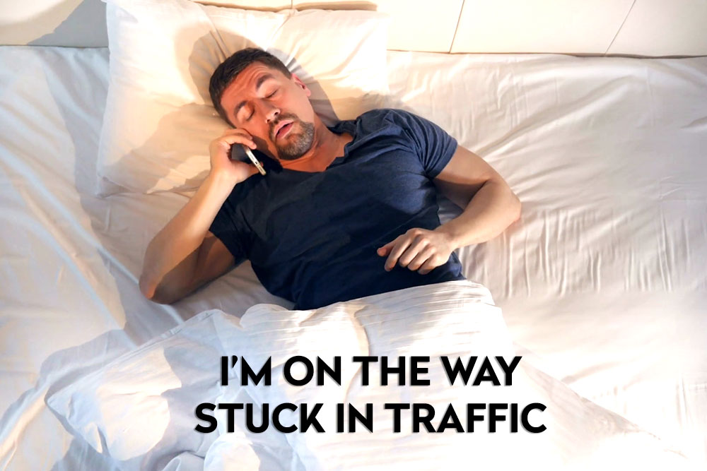 On the way, stuck in traffic