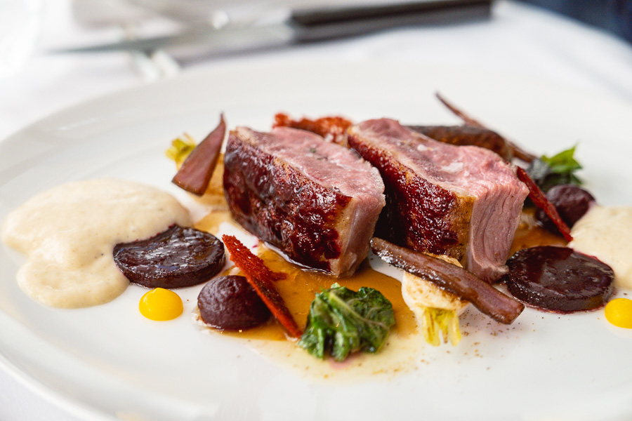 Duck with creamy polenta, beetroot, and turnip. Lunch at Maison Lameloise Shanghai, Michelin one-star restaurant in Shanghai. Photo by Rachel Gouk.